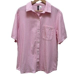 H&M Pink and White Stripe Short Sleeve Button Down Shirt Size S